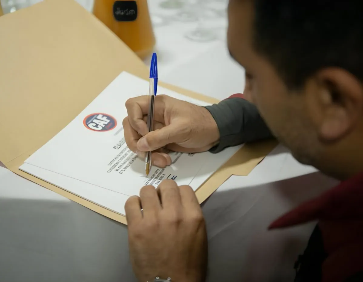 Primer plano de una mano firmando un documento con el logo de la fundación.